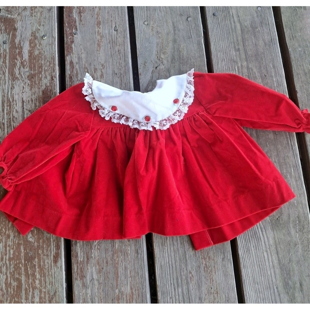 Vintage Infant Toddler Girl Red Velvet & Lace Christmas Holiday Dress 12 Mo J7